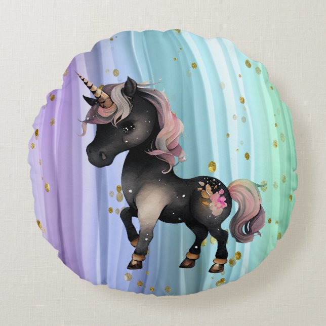 Black Unicorn Paars roze tail Rond Kussen (Voorkant)