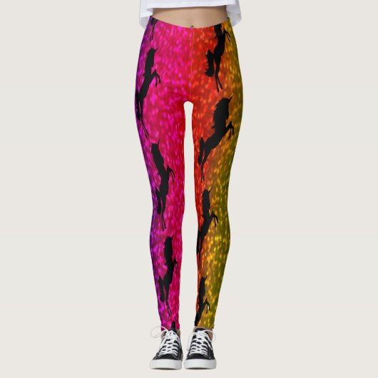 Black Unicorn Party Flowers roze blauwe Stippen Leggings (Voorkant)