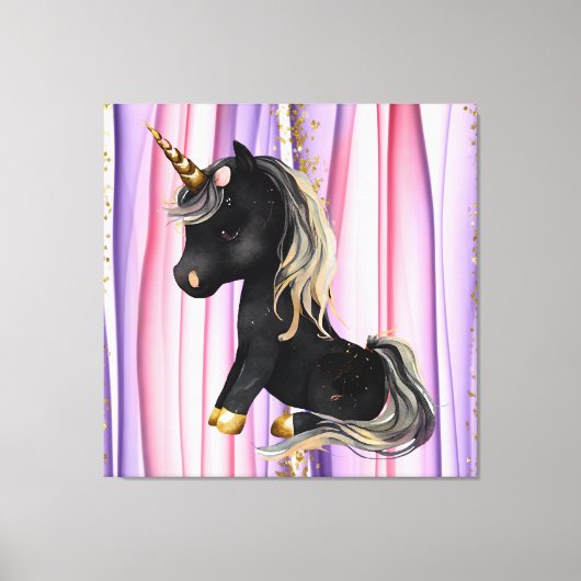 Black Unicorn Pink Ears Canvas Afdruk (Voorkant)