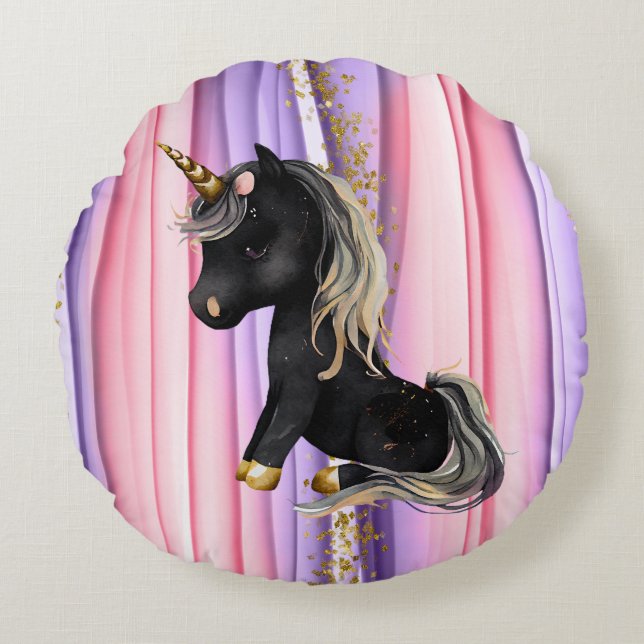 Black Unicorn Pink Ears Rond Kussen (Voorkant)