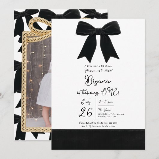 Black Velvet Bow Elegant Posh 1e verjaardag Kaart (Voorkant / Achterkant)