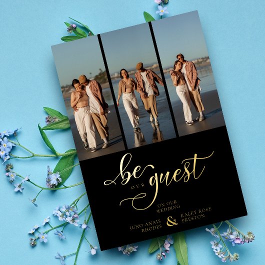 Black Vertical 3 Photos Collage Handwritten Fancy Folie Uitnodiging