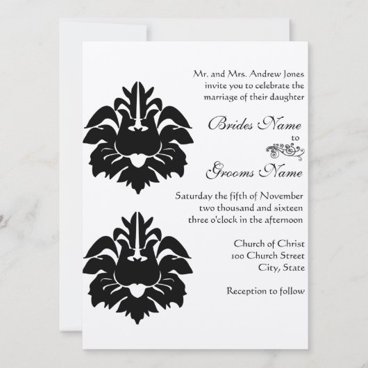 Black Victoriaans Damask Wedding Kaart (Voorkant)
