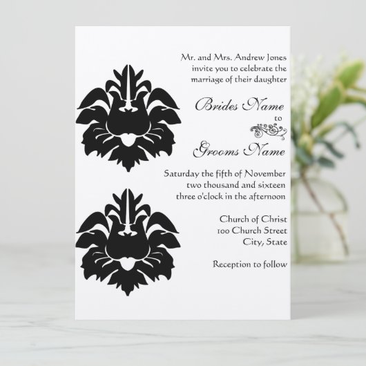 Black Victoriaans Damask Wedding Kaart (Staand voorkant)