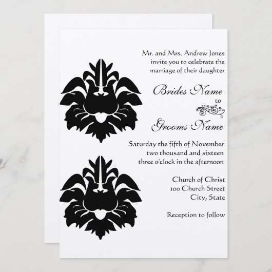 Black Victoriaans Damask Wedding Kaart (Voorkant / Achterkant)