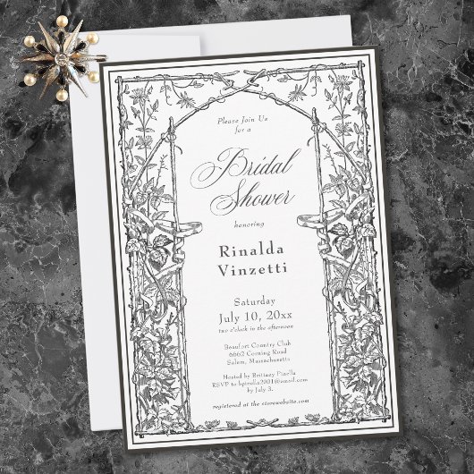 Black Vintage Botanical Trellis Bridal Shower Kaart
