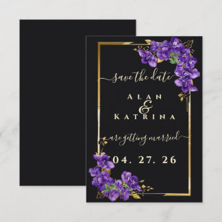 Black Violet Floral Gold Frame Save The Date