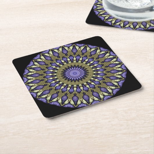 Black Violet Paars Faux Gold Mandala Pattern Kartonnen Onderzetters (Schuin)