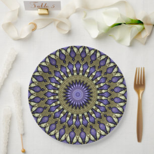 Black Violet Paars Faux Gold Mandala Pattern Papieren Bordje