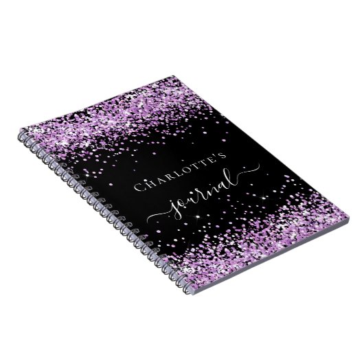 Black violet paars glitter-naamscript notitieboek (Rechterzijde)
