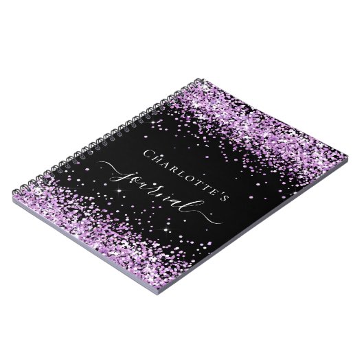 Black violet paars glitter-naamscript notitieboek (Linkerzijde)