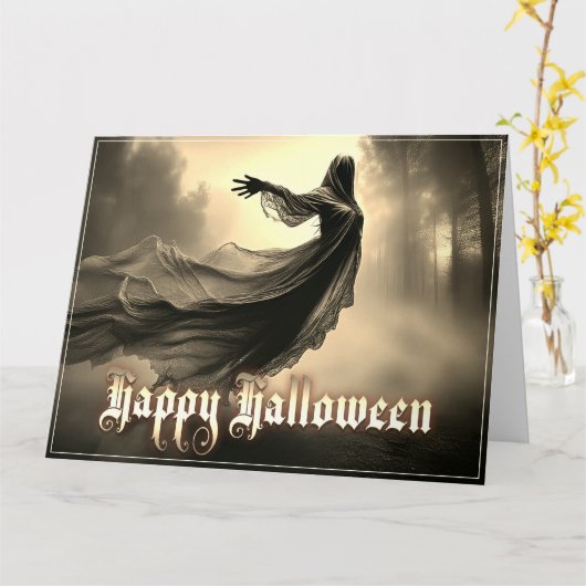Black Vrouw Ghost in Hellscape - Halloween Kaart (Gele Bloem)