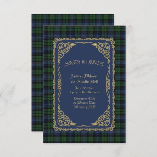 Black Watch Ancient Tartan Met Gouden Lijst Save The Date (Voorkant / Achterkant)