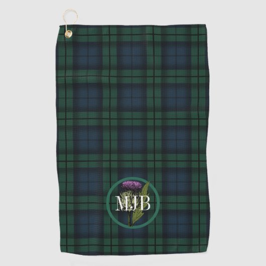 Black Watch Pset Tartan Scottish Thistle Monogram Golfhanddoek (Voorkant)