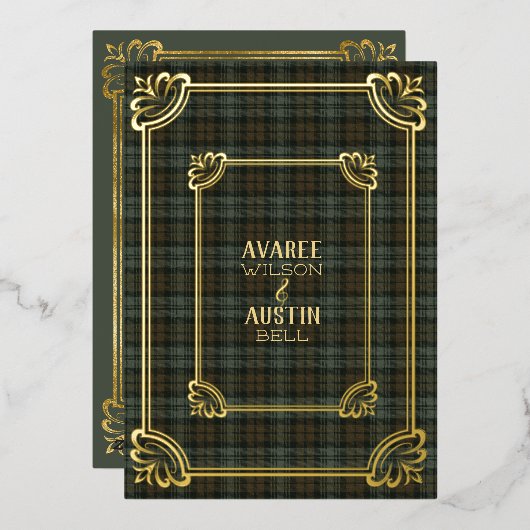 Black Watch Weathered Tartan Gold Foil Invitation Folie Uitnodiging (Voorkant / Achterkant)