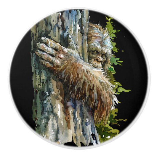 Black Watercolor Bigfoot Hiding Forest Keramische Knop (Voorkant)