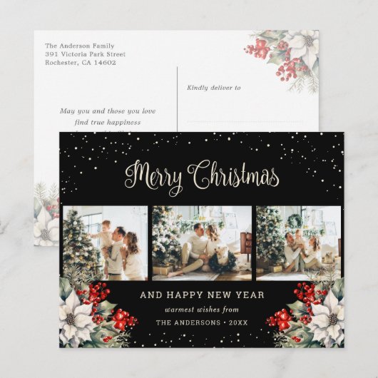 Black Watercolor Botanical Snow Photo Collage Feestdagenkaart (Voorkant / Achterkant)