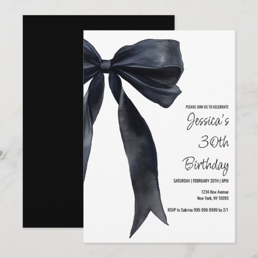 Black Watercolor Bow Birthday Elegant Invitation Kaart (Voorkant / Achterkant)