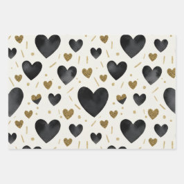 Black Watercolor & Gold Glitter Hearts Inpakpapier Vel