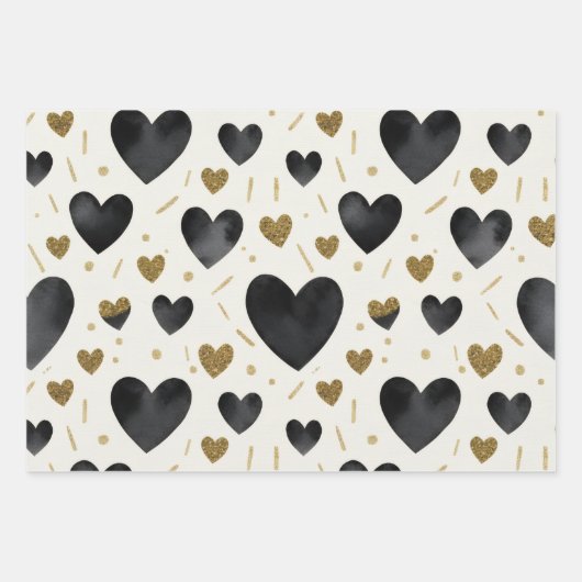 Black Watercolor & Gold Glitter Hearts Inpakpapier Vel (Voorkant)
