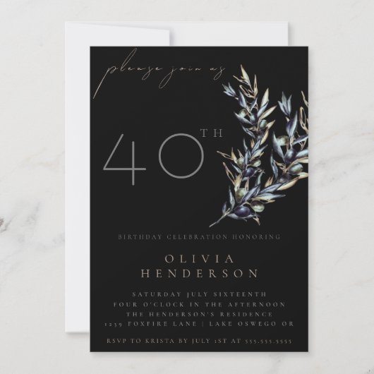 Black Watercolor Olive Branch Birthday Invitation Kaart (Voorkant)