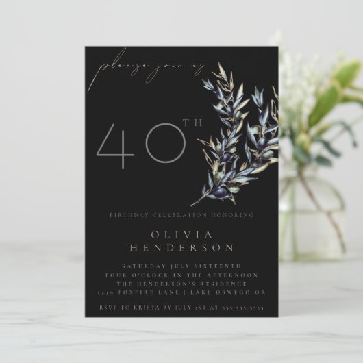 Black Watercolor Olive Branch Birthday Invitation Kaart (Staand voorkant)