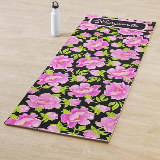 Black Watercolor Peonies Floral Yogamat (In situ)