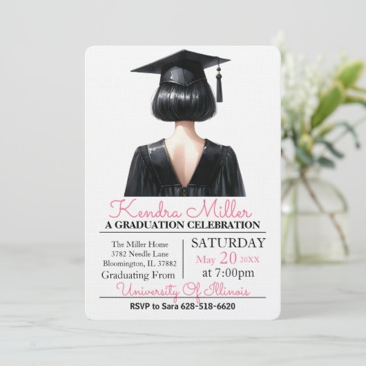 Black Waterverf Afstuderen Invitation Kaart (Staand voorkant)