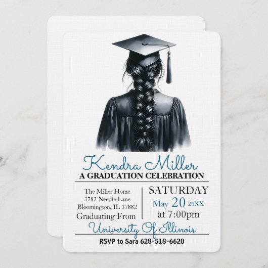Black Waterverf Afstuderen Invitation Kaart (Voorkant / Achterkant)