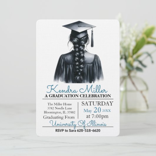 Black Waterverf Afstuderen Invitation Kaart (Staand voorkant)