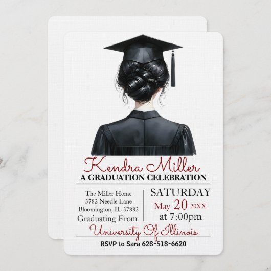 Black Waterverf Afstuderen Invitation Kaart (Voorkant / Achterkant)