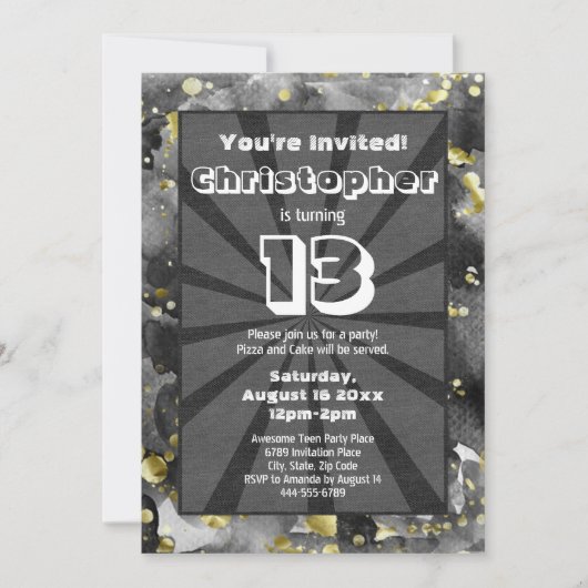 Black Waterverf Art Teen Boys Birthday Party Invi Kaart (Voorkant)