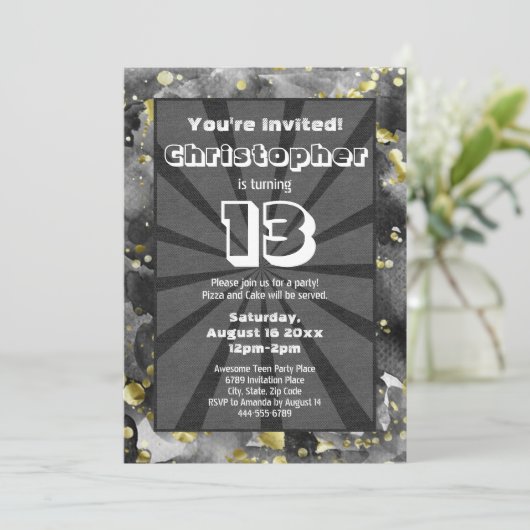 Black Waterverf Art Teen Boys Birthday Party Invi Kaart (Staand voorkant)