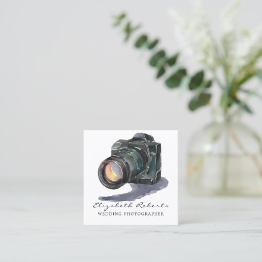 Black Waterverf Camera Gold Weddenprogramma fotogr Vierkante Visitekaartje (Staand voorkant)