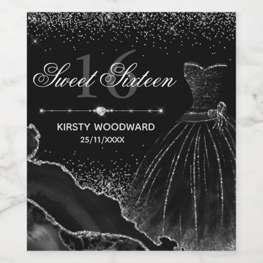 Black Waterverf Dress & Silver Glitter Sweet 16 Wijn Etiket (Enkel label)