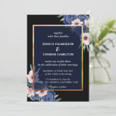 Black Waterverf Elegant Modern Floral Wedding Kaart (Staand voorkant)