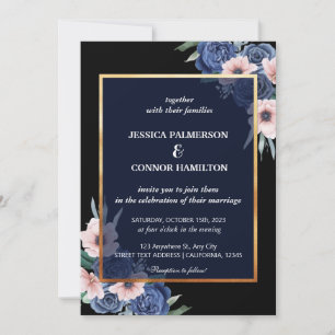 Black Waterverf Elegant Modern Floral Wedding Kaart