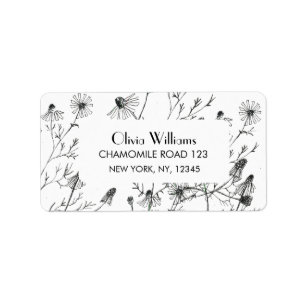 Black Waterverf Floral Chamomile Return Address Etiket