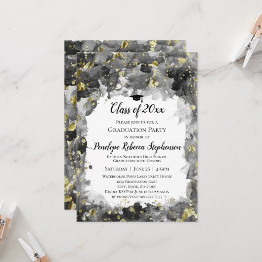 Black Waterverf Gold Splatter Graduter Party Kaart (Voorkant / Achterkant in situ)