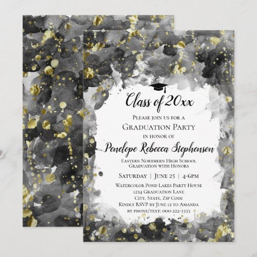 Black Waterverf Gold Splatter Graduter Party Kaart (Voorkant / Achterkant)