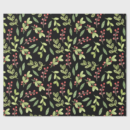 Black Waterverf Kerstmis Mistletoe Pattern Cadeaupapier (Vlak)