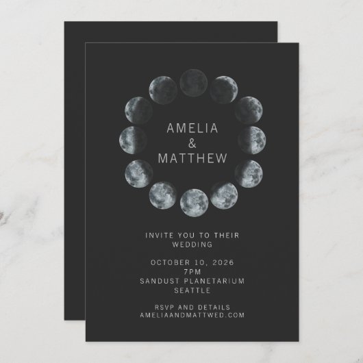 Black Waterverf Moon Phases Celestial Wedding Kaart (Voorkant / Achterkant)