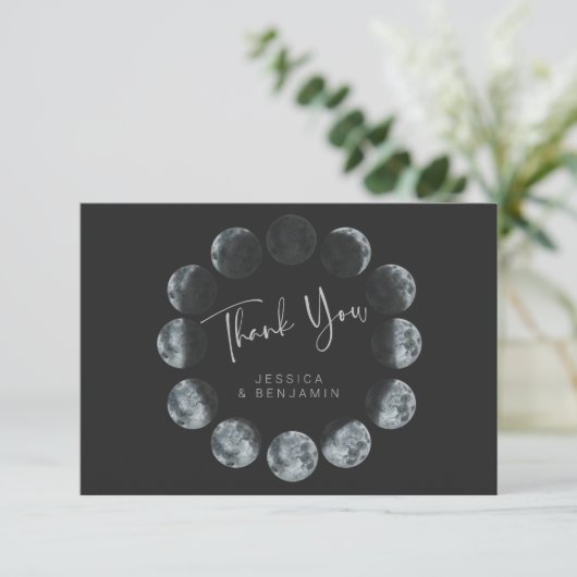 Black Waterverf Moon Phases Custom Wedding Bedankkaart (Staand voorkant)