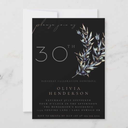 Black Waterverf Olive Branch Verjaardagsuitnodigin (Voorkant)