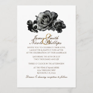 Black Waterverf Rozen Elegant Wedding Invitations Kaart