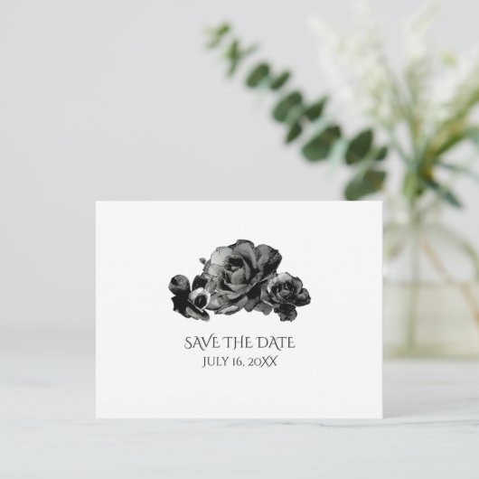 Black Waterverf Rozen Weddenschap Save the Date Aankondigingskaart (Staand voorkant)