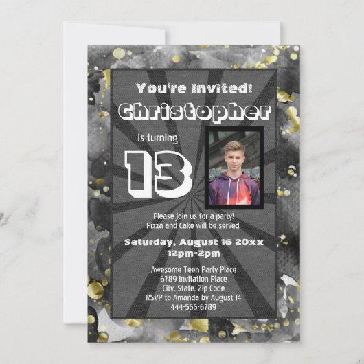 Black Waterverf Teen Boys Birthday Party foto in Kaart (Voorkant)