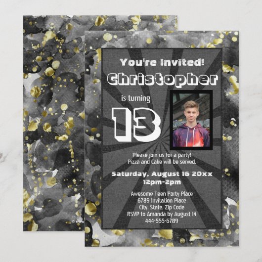 Black Waterverf Teen Boys Birthday Party foto in Kaart (Voorkant / Achterkant)