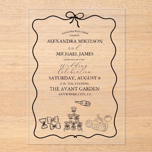 Black Wavy grillige Italiaanse Doodle bruiloft Acryl Uitnodigingen (Voorkant)