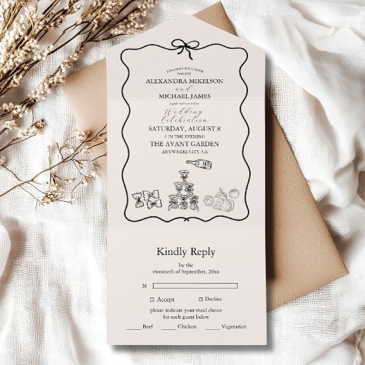 Black Wavy grillige Italiaanse Doodle bruiloft All In One Uitnodiging